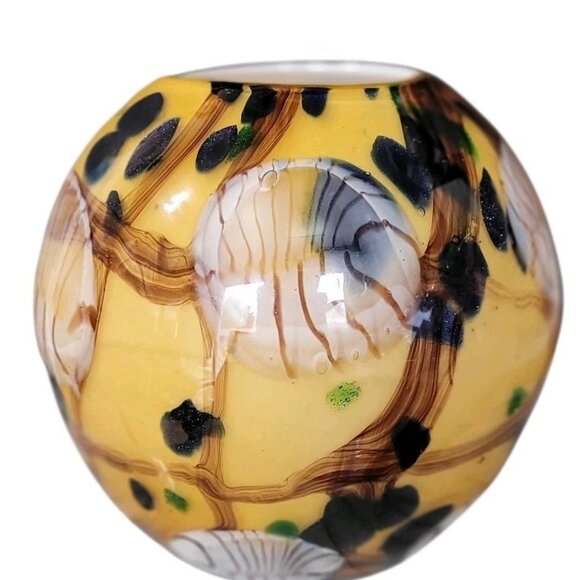 Vintage Murano Style Round Hand Blown Glass Vase Yellow Cobalt - Picture 2 of 9